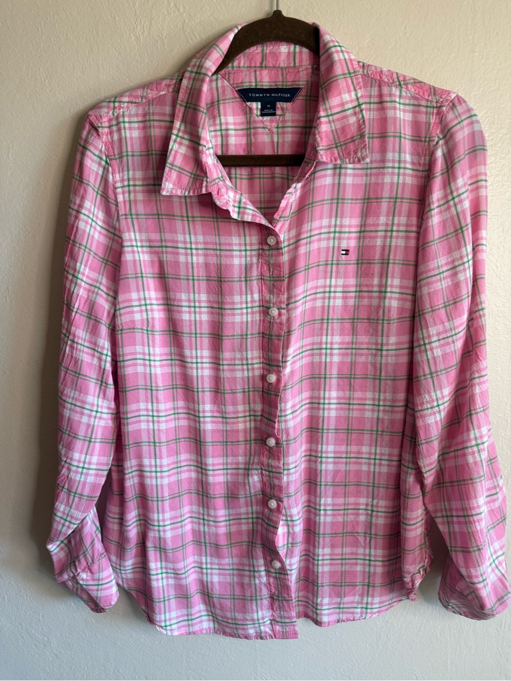 Tommy Hilfiger Parker Pink Plaid Roll Tab Sleeve Button Down Shirt Size M